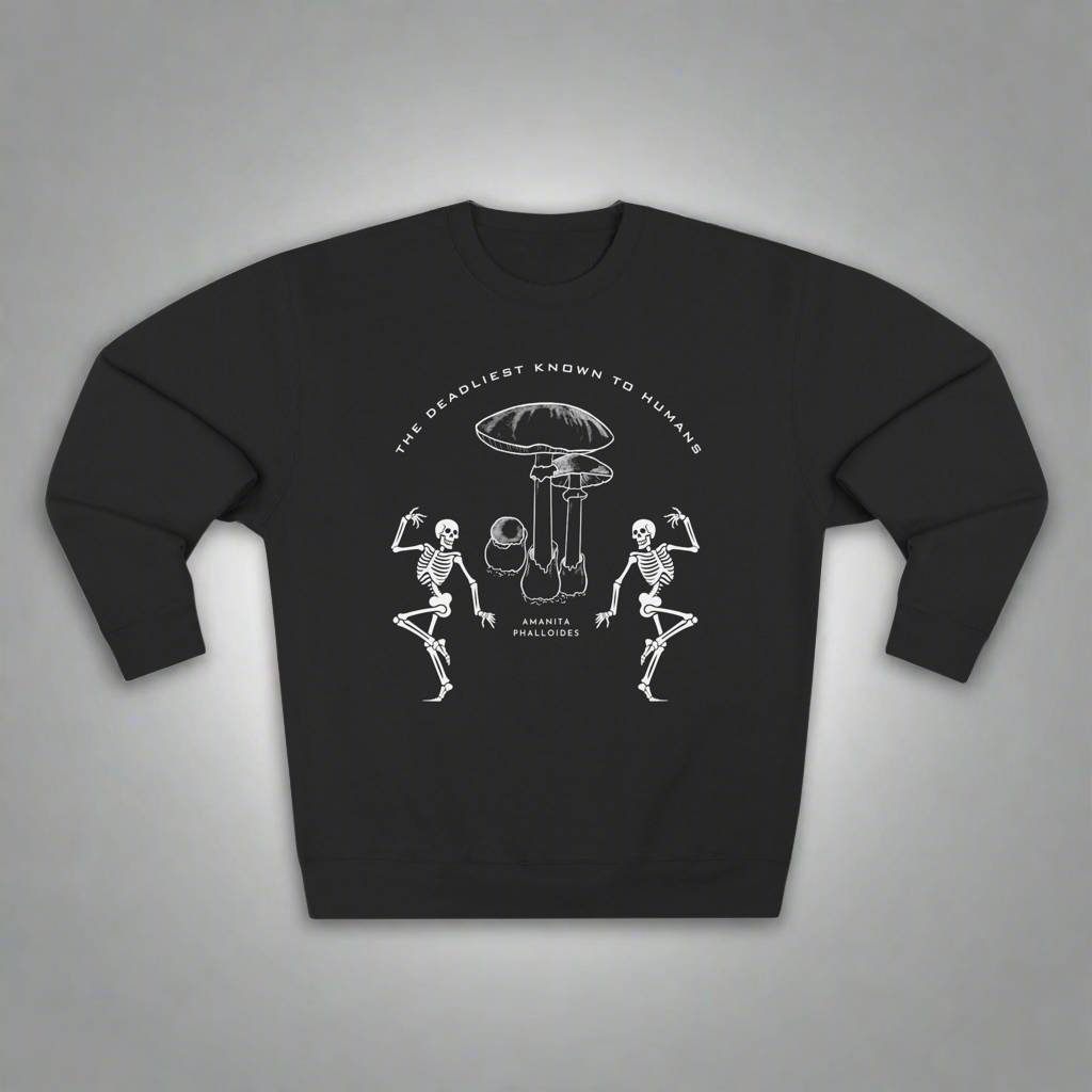 Skeleton and mushroom sweatshirt, playful sarcastic vibe with cozy comfort.