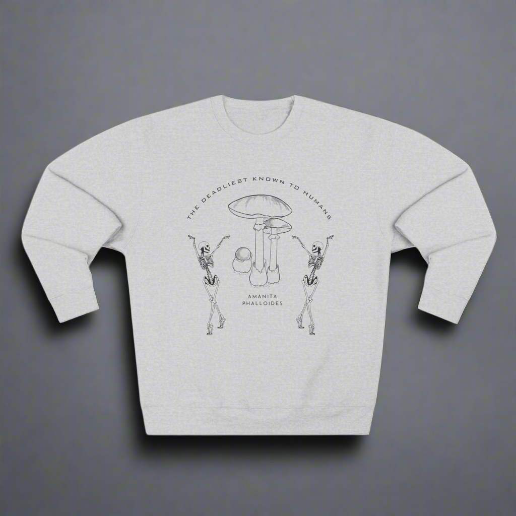 Cozy sweatshirt with skeleton and poisonous mushroom design. Fun sarcastic design.