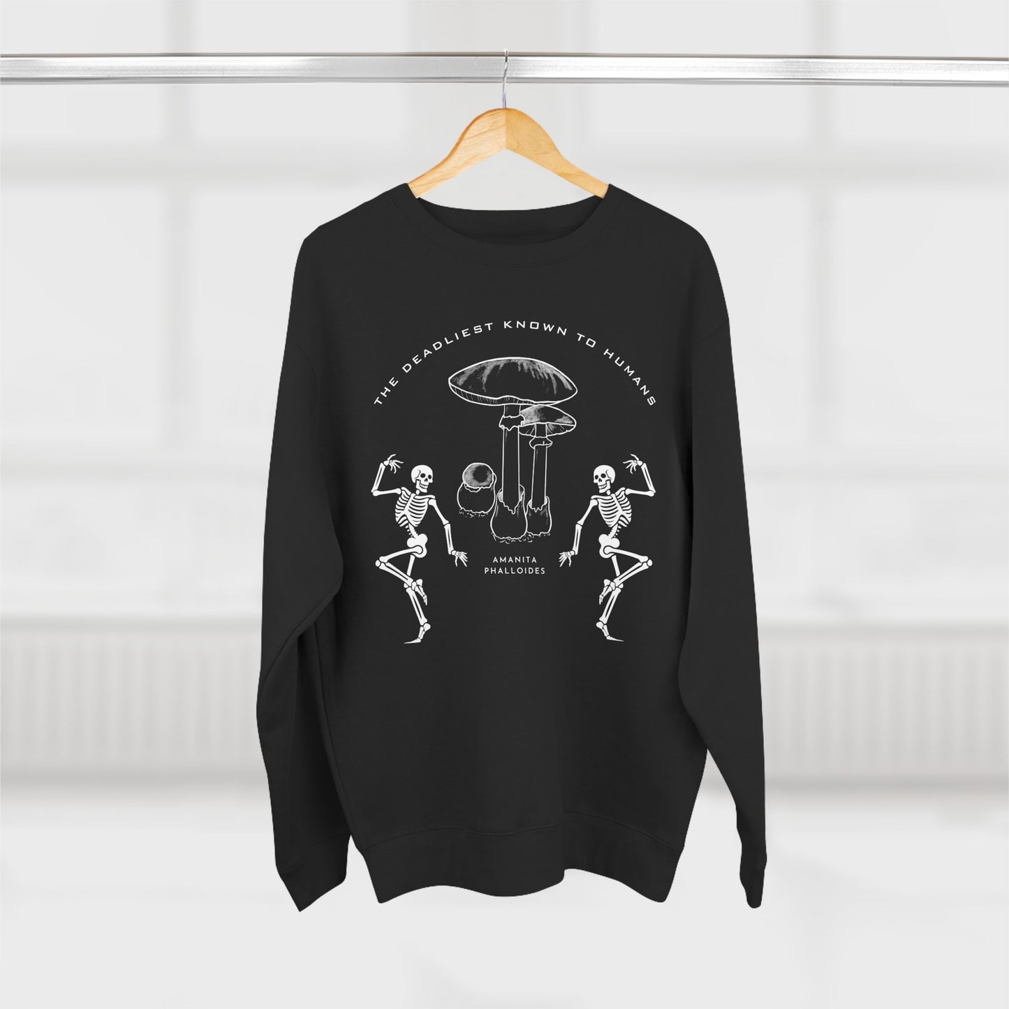 Toxic mushroom with skeleton design on black sweatshirt.