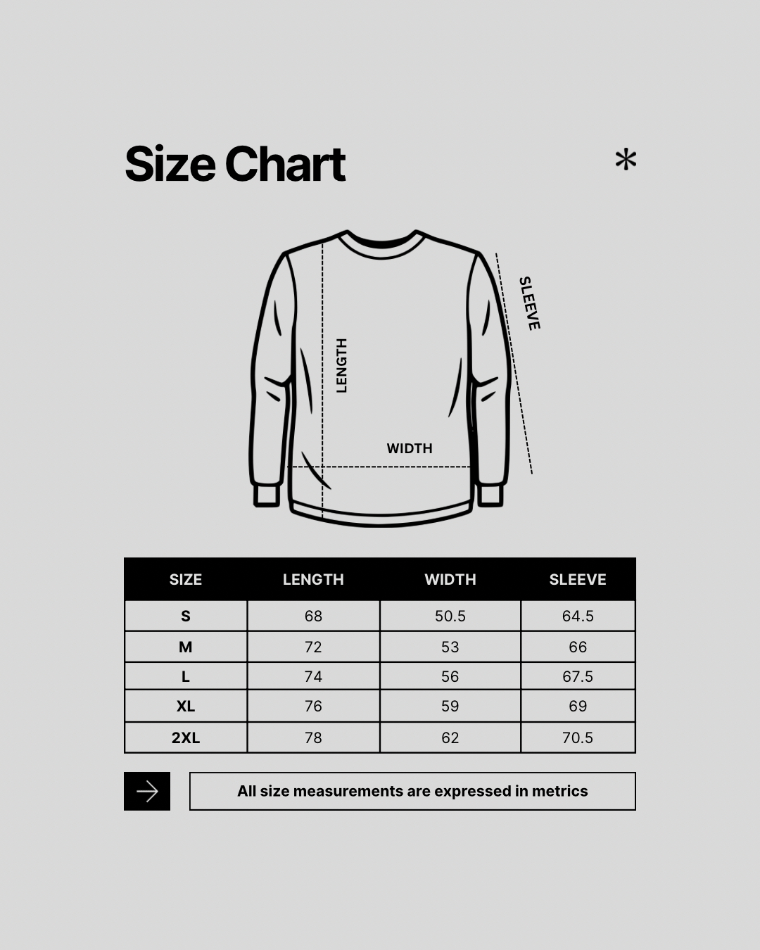 Size chart for a sweatshirt with measurements in centimeters on a gray background