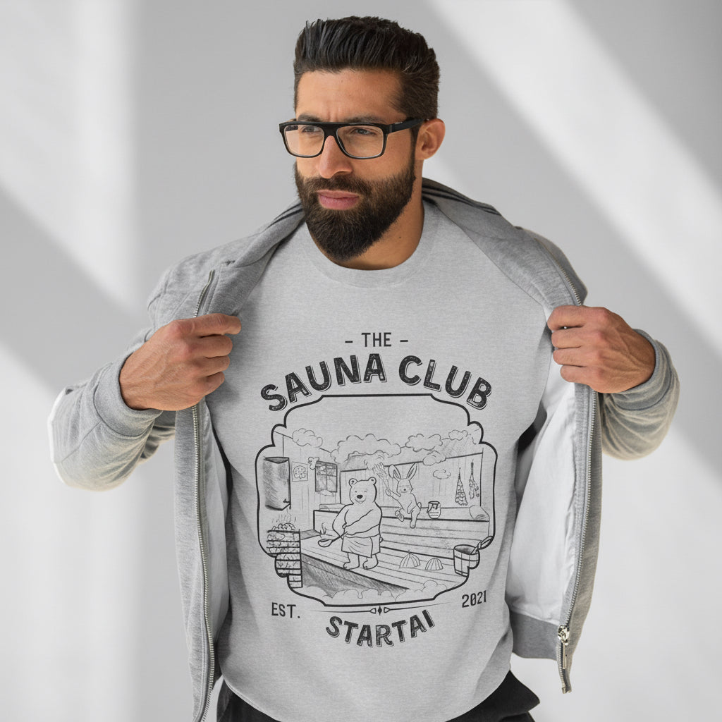 Model wearing SAUNA CLUB sweatshirt with unique hand drawn design