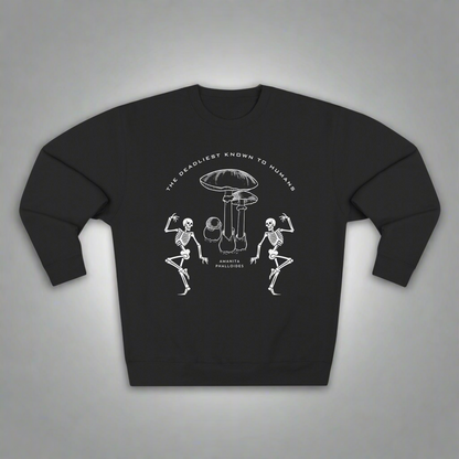 Skeleton and mushroom sweatshirt, playful sarcastic vibe with cozy comfort.