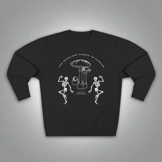 Skeleton and mushroom sweatshirt, playful sarcastic vibe with cozy comfort.
