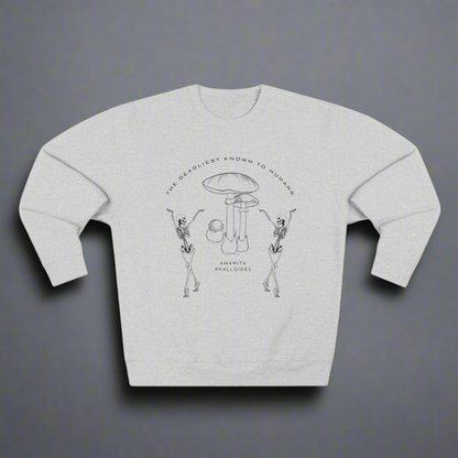 Cozy sweatshirt with skeleton and poisonous mushroom design. Fun sarcastic design.