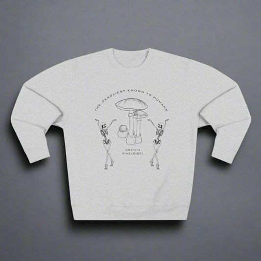 Cozy sweatshirt with skeleton and poisonous mushroom design. Fun sarcastic design.