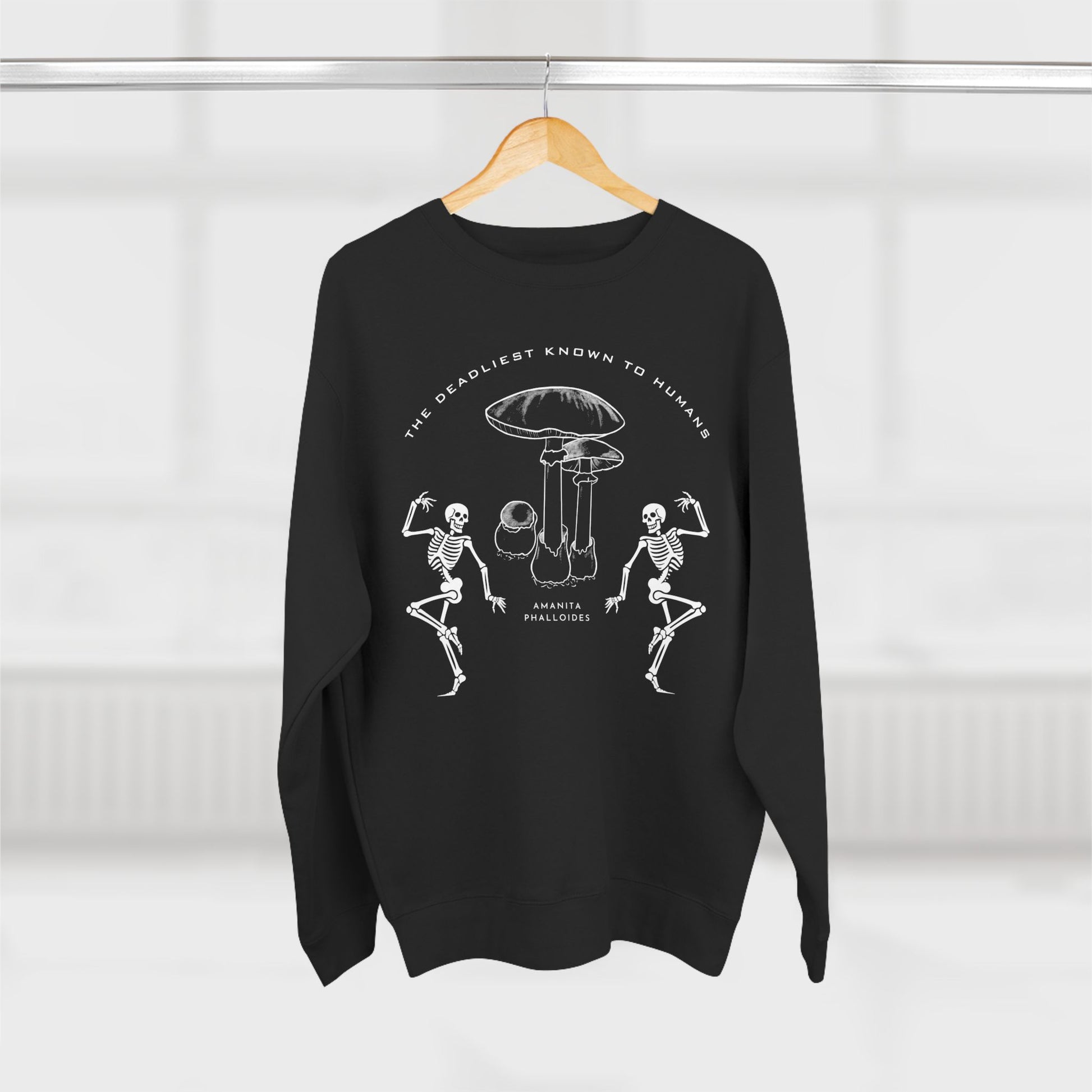 Toxic mushroom with skeleton design on black sweatshirt.