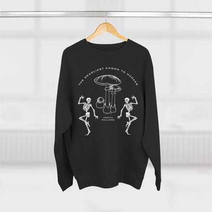Toxic mushroom with skeleton design on black sweatshirt.