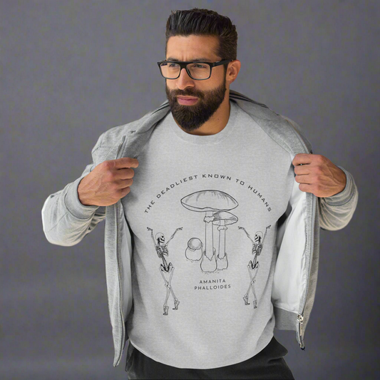 Sweatshirt with toxic mushroom design and skeleton. Cozy sarcastic vibes.