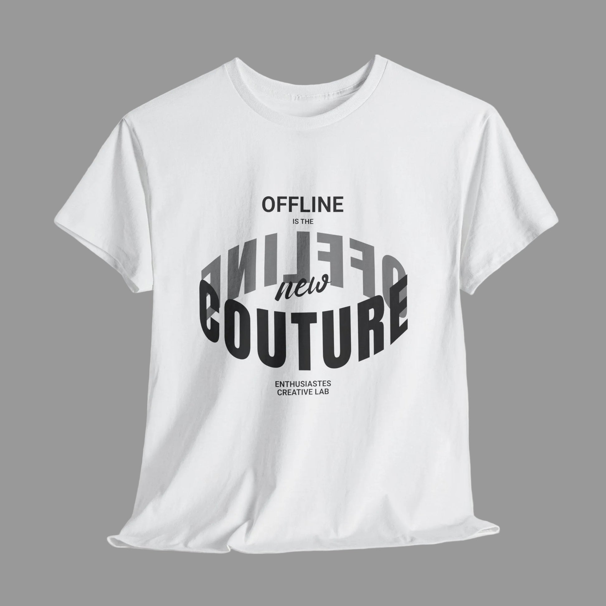 White t-shirt with black text on a white background