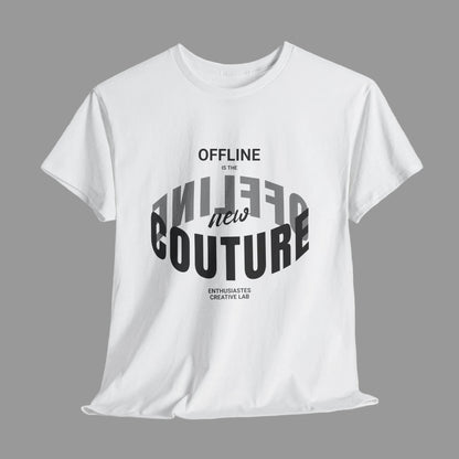 White t-shirt with black text on a white background