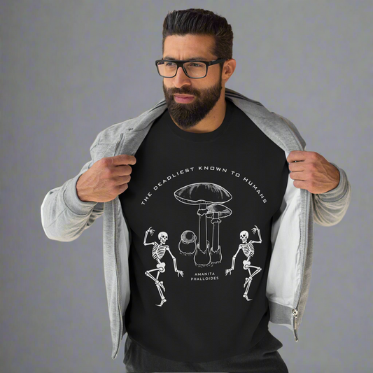 Skeleton with toxic mushroom printed on sweatshirt, cozy wear.