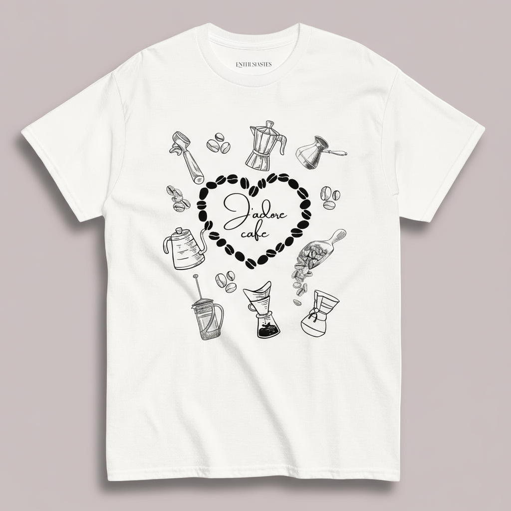 White t-shirt with coffee-themed graphics and 'Jadore Cafe' text 