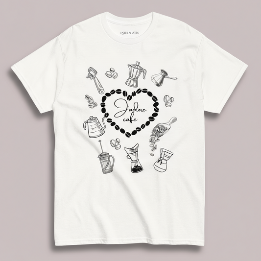 White t-shirt with coffee-themed graphics and 'Jadore Cafe' text 