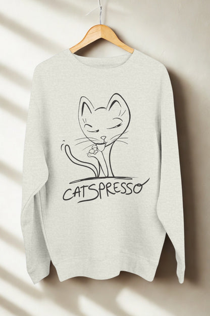 Sweatshirt with unique hand drawn cat drinking coffee