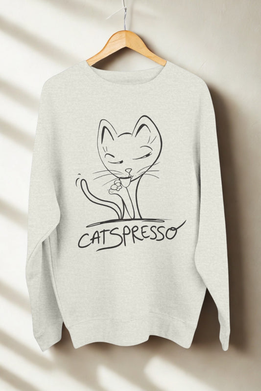 Sweatshirt with unique hand drawn cat drinking coffee