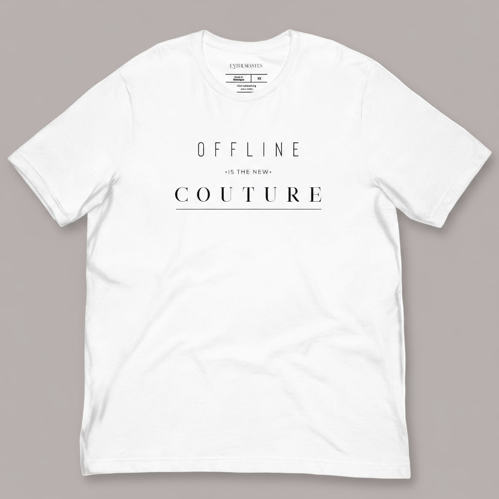 White graphic t-shirt with text ‘offline is the new couture