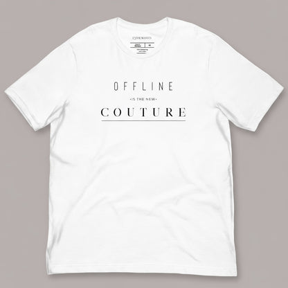 White graphic t-shirt with text ‘offline is the new couture