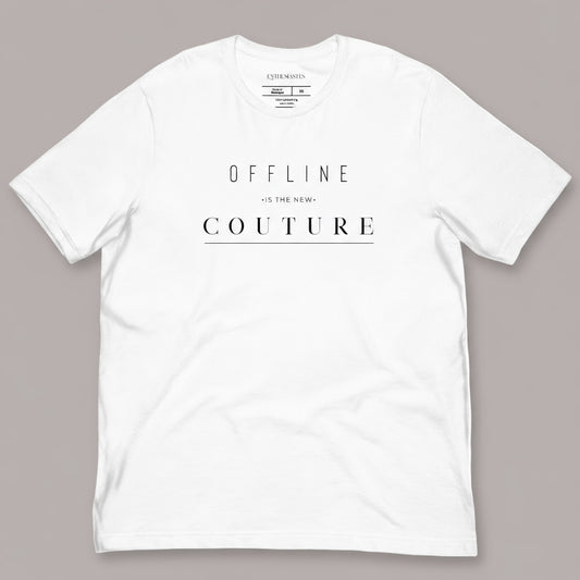 White graphic t-shirt with text ‘offline is the new couture