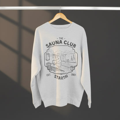 Sweatshirt with unique hand drawn picture of bear and rabbit enjoying sauna