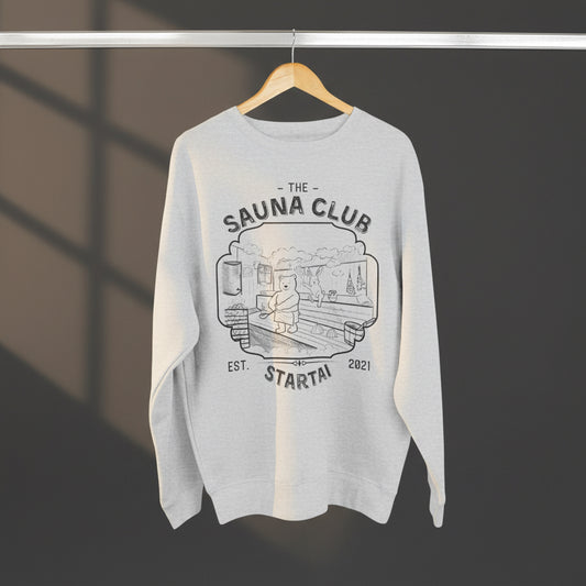 Sweatshirt with unique hand drawn picture of bear and rabbit enjoying sauna