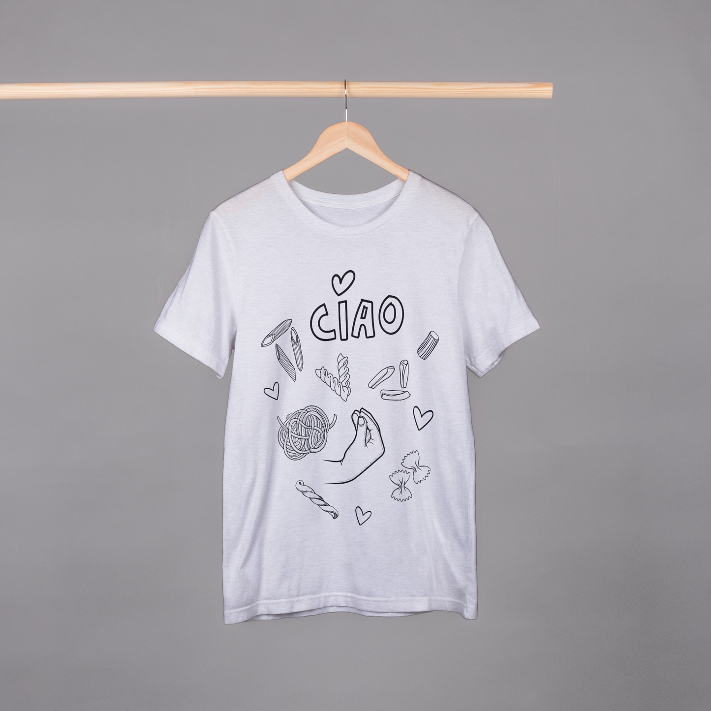 White t-shirt with pasta graphics and 'CIAO' writing