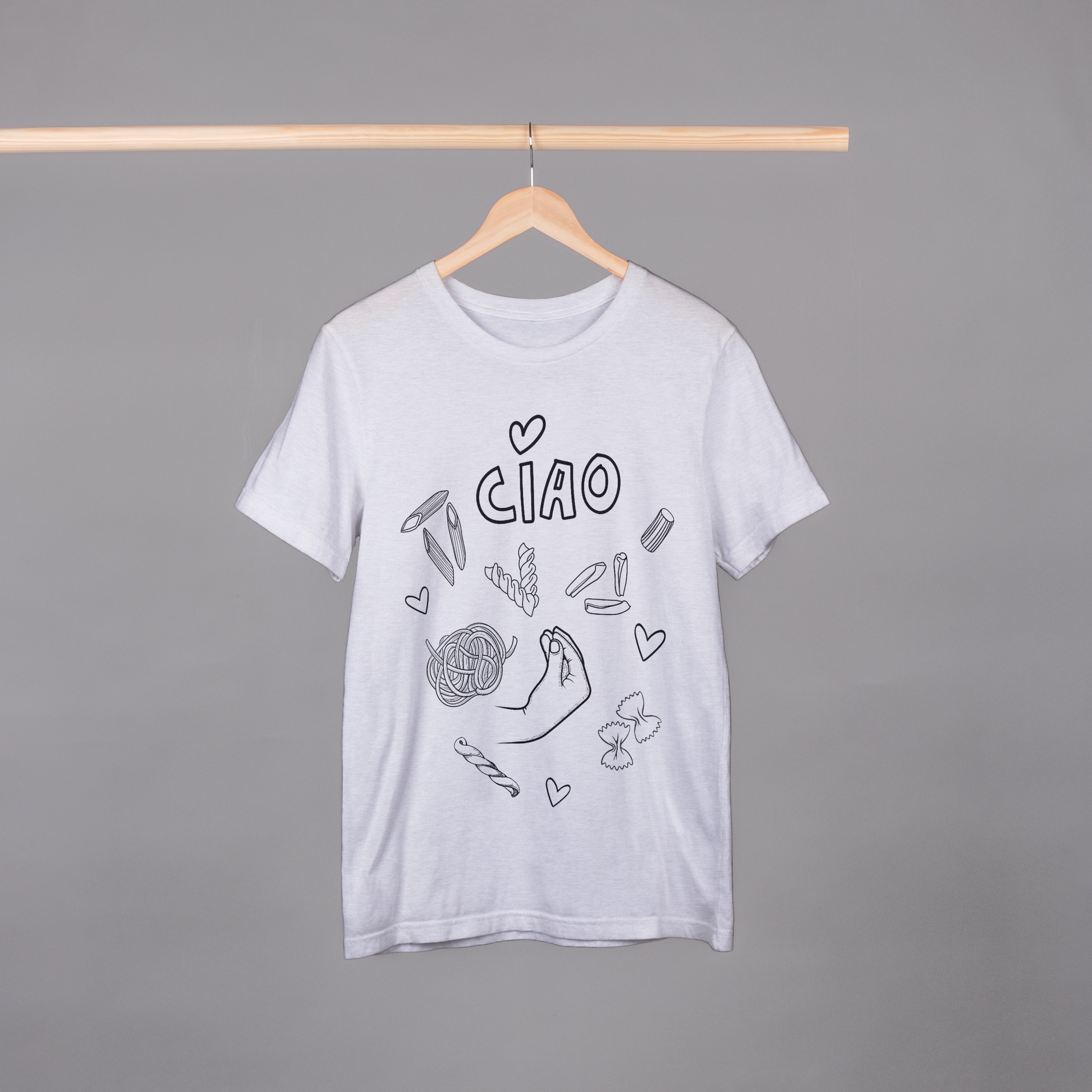 White t-shirt with pasta graphics and 'CIAO' writing
