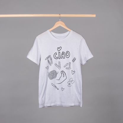 White t-shirt with pasta graphics and 'CIAO' writing