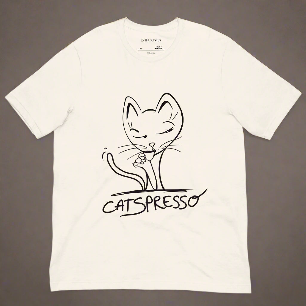 T-shirt with uniqe hand drawn funny cat drinking coffee