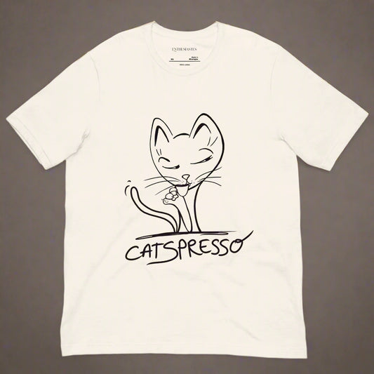 T-shirt with uniqe hand drawn funny cat drinking coffee