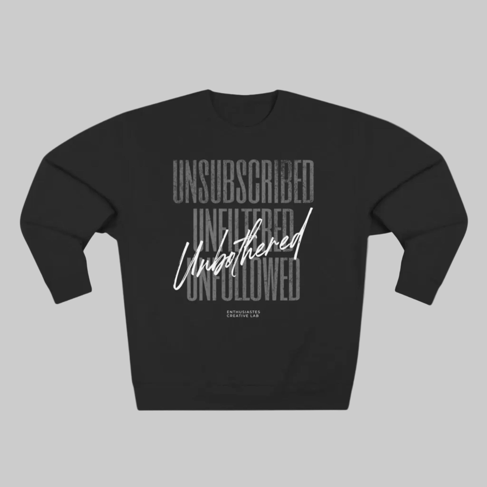 Black sweatshirt with white and gray text on a white background