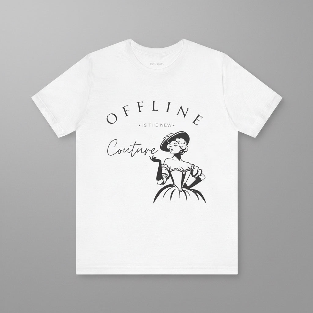 White t-shirt with black text and graphic of a vintage lady