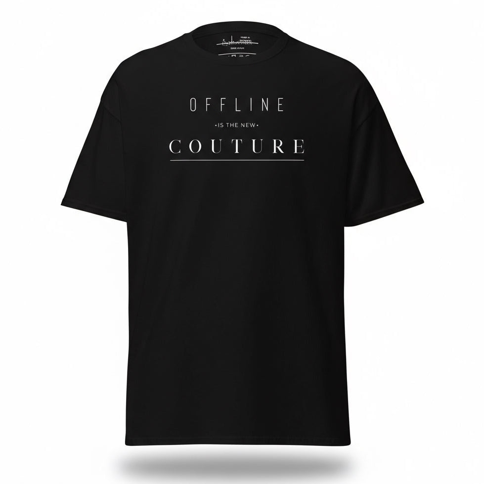 black t-shirt with graphic design text ‘offline is the new couture’
