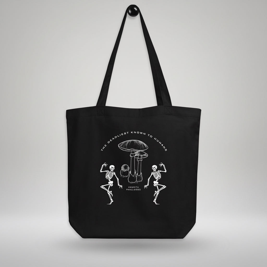 tote bag with sarcastic design featuring mushroom and skeletons