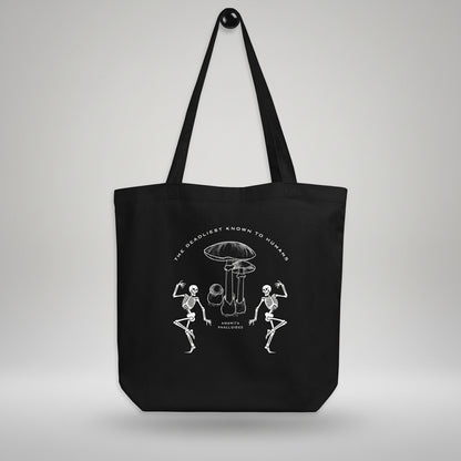 tote bag with sarcastic design featuring mushroom and skeletons