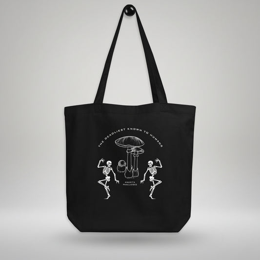 tote bag with sarcastic design featuring mushroom and skeletons