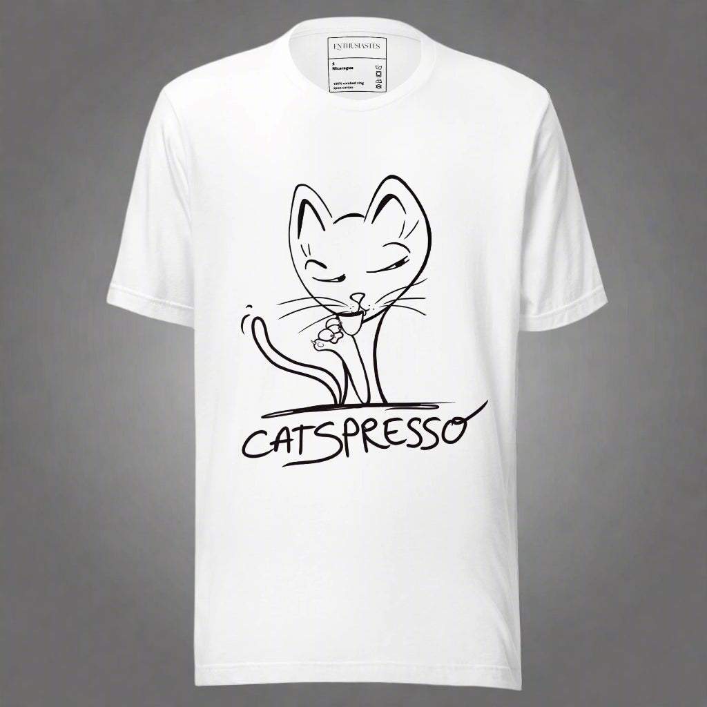 White t-shirt with a black cat and coffee 