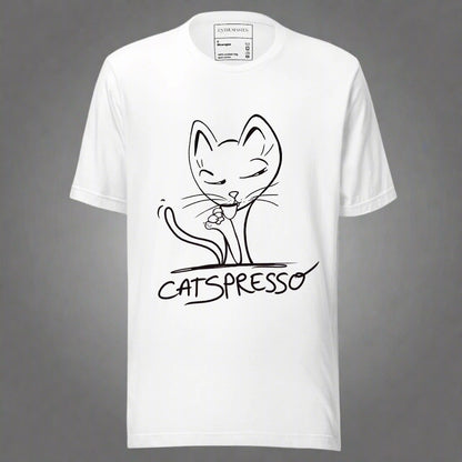 White t-shirt with a black cat and coffee 