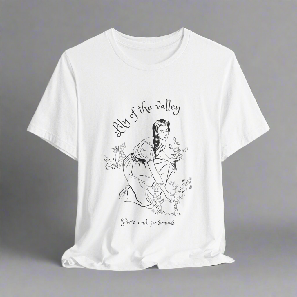 T-shirt with The Lily of the Valley drawing. Convallaria majalis botanical design
