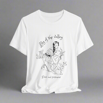 T-shirt with The Lily of the Valley drawing. Convallaria majalis botanical design