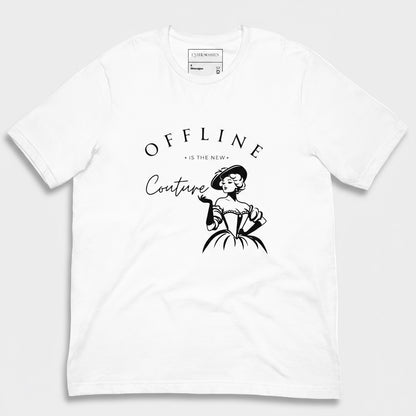 White graphic tee with ‘offline is the new’couture text 