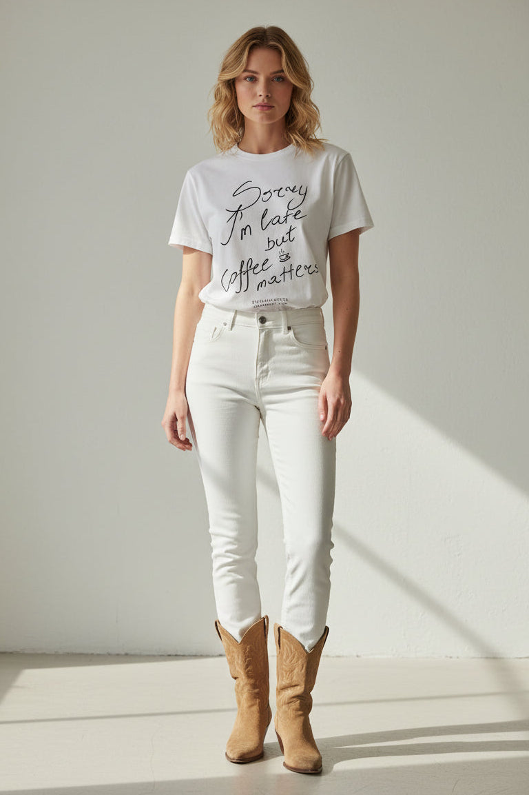 Handwritten ‘Sorry I’m late but coffee matters’ white t-shirt 