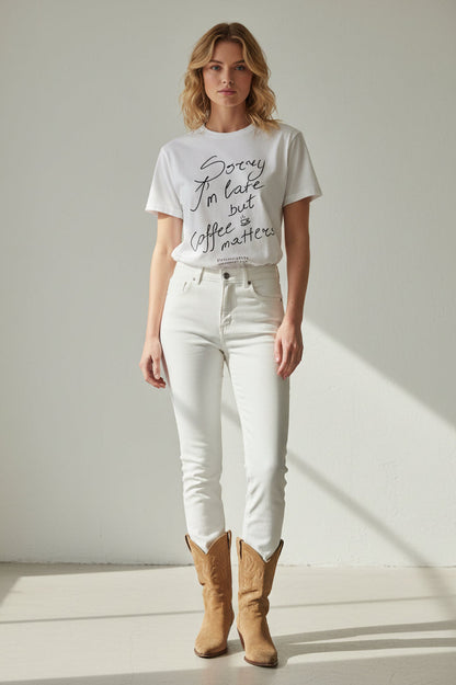 Handwritten ‘Sorry I’m late but coffee matters’ white t-shirt 