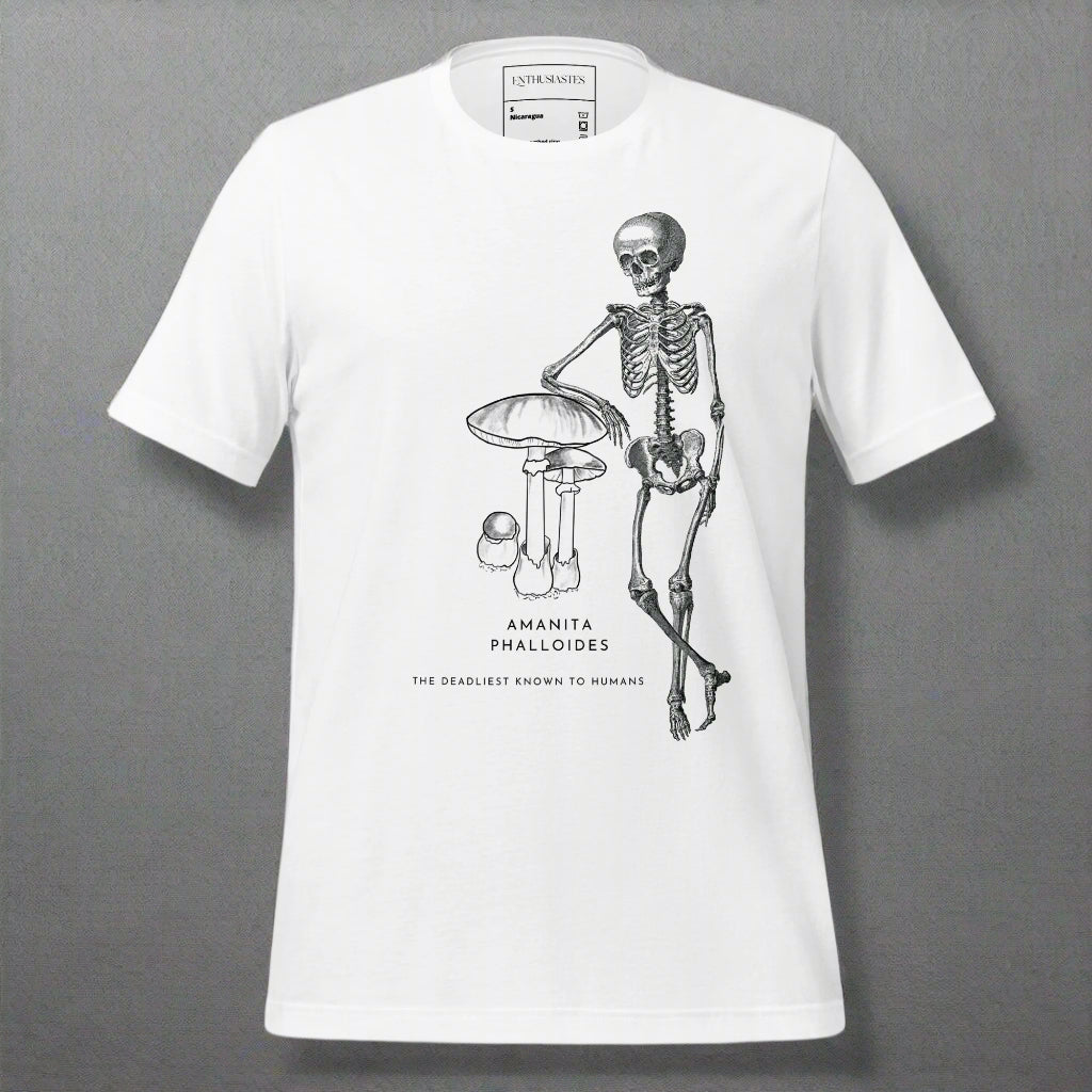 White t-shirt with a skeleton and mushroom graphic on a white background