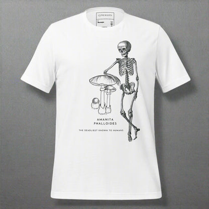 White t-shirt with a skeleton and mushroom graphic on a white background