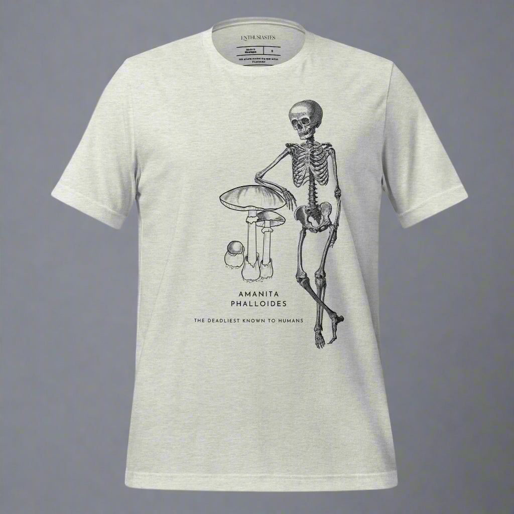 T-shirt with unique hand drawn mushroom and skeleton