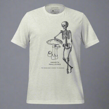 T-shirt with unique hand drawn mushroom and skeleton