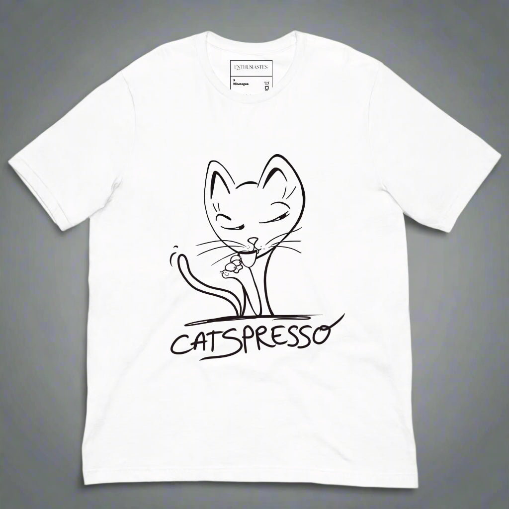 White t-shirt with a black cat illustration and 'CATSpresso' text on a gray background