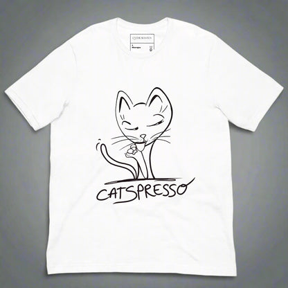 White t-shirt with a black cat illustration and 'CATSpresso' text on a gray background