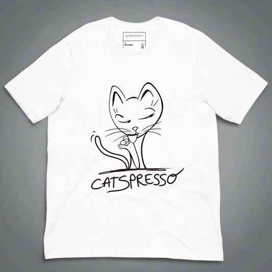 White t-shirt with a black cat illustration and 'CATSpresso' text on a gray background